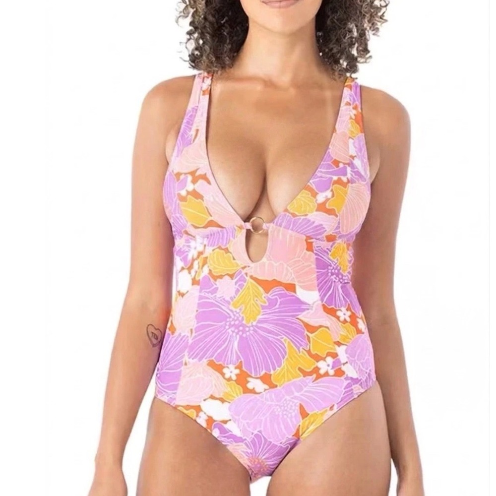 Roxy Bell Bottom Blooms Plunge One Piece Swimsuit Floral Purple Orange XS $100